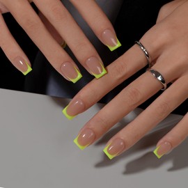 KQueenest Neon Green French Tip Press On Nails Short Square, 30 Pcs Acrylic Press On Nails With Glue, Natural Nude Short Fake Nails Press ons, Reusable Glossy Soft Gel Glue on Nails for Women Summer