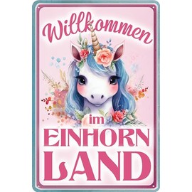 30 x 20 cm Tin Sign - Funny Unicorn Saying - "Welcome to the Unicorn Land" Children's Room Decoration Sign