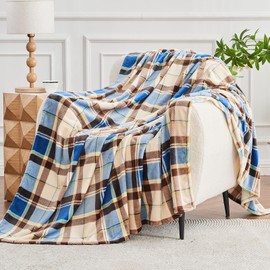 Gogreen Cozy Flannel Blanket Printed -Twin Size Bed Blanket for Home Decoration - Ultra Soft, Lightweight, Microfiber Throws (Twin - 60" x 80", Blue Brown Plaid)