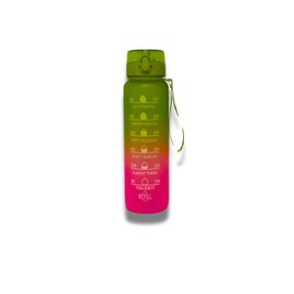 Sports Water Bottle 1L / 32OZ, BPA-Free, Motivational with Time Markings Leakproof Drinking Bottle for Running, Gym, Cycling, School, and Outdoor Activities (Pink - Green)