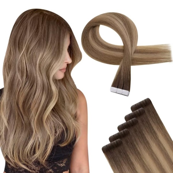 Easyouth Inject Tape Extensions Real Hair Brown Balayage Tape-In Extensions Virgin Hair Tape in Extensions Real Hair Balayage Darkest Brown 2/4/27 22 Inches 12.5 g 5 Pieces