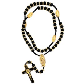 Bead Rosary Necklace with Crucifix and Our Lady of Guadalupe Medal Black Beads Catholic Prayer Rosaries Necklaces Jewelry Gifts Box