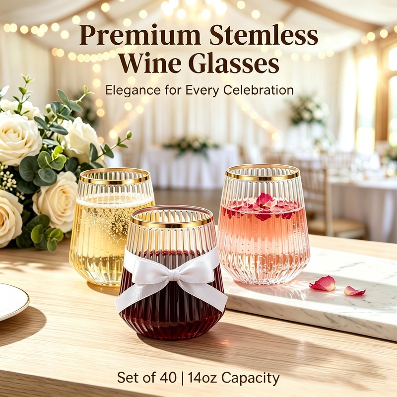 JoyGletss 40 Pack Plastic Stemless Wine Glasses Ribbed with Gold