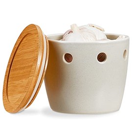 ONEMORE Garlic Keeper with Lid, Ceramic Garlic Saver 5 inch, Garlic Keeper for Counter, Gray