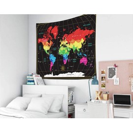 Capsceoll World Map Tapestry,40X30 Inches Colorful Tapestry Scratch Travel Map World Black Background Home Decorations for Living Room Bedroom Dorm Decor