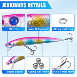 Suspending Jerkbait Fishing Lures, Minnow Lures Jerk Bait Topwater Bass Fishing Bait with Treble Hook Artificial Floating Jerkbait for Bass Trout Pike Walleye Freshwater Saltwater