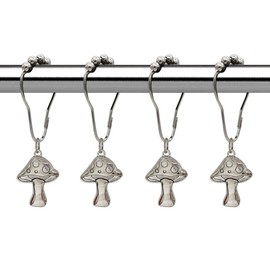Decorative Mushroom Shower Curtain Hooks Set of 12, Rustproof Metal Stainless Steel Shower Rings with Cute Mushrooms for Boho Fairytale Forest Retro Rustic Home Bathroom Decor (Silver)