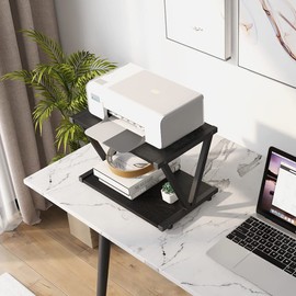 VEDECASA Retro Desktop Printer Stand 2 Double Tiers Wood Printer Shelf Modern Wood Storage Book Shelf Organizor for Home Office Stylish Sturdy V Shaped (Black)