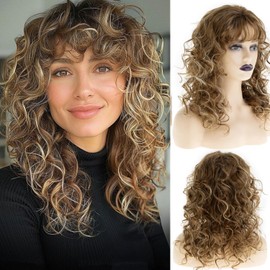 Wiwige Long Curly Brown Mixed Blonde Wig with Bangs Natural Looking Brown Wavy Wigs with Highlights Heat Resistant Synthetic Hair for Women