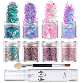 Face Glitter Festival, 8 Color Face Body Glitter Cosmetic Glitter, Hair Glitters with Glue and Brush for Face and Body Makeup, Festival and Party Beauty Makeup (8PC)