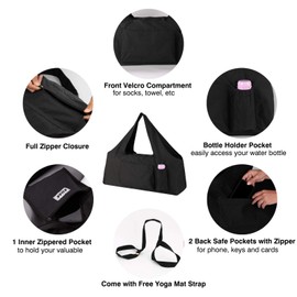 KUAK Extra Large Yoga Mat Bag and Carriers with Yoga Mat Strap, Top Full-Zip Closure, Bottle Pocket/Big Open Pocket and Zipper Pockets, Quality Canvas Women Tote Bag for Gym Sports (Blak)