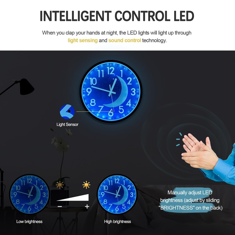 JoFomp LED Light Up Wall Clocks Glow in Dark, 12