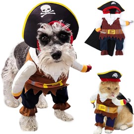 Dog Pirate Costume Pirates of The Caribbean Style Cat Costumes 2PCS Funny Halloween Dog Outfit with Hat Small Medium Pet Cosplay Clothes Cute Captain Apparel Party Dress (Pirate Captain Doll, Large)