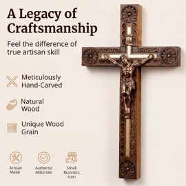 Woodvio - Handmade Wooden Wall Cross, Hand Carved Surface, Catholic Crucifix