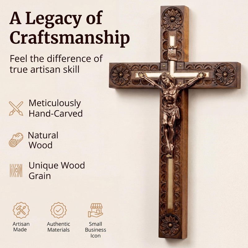 Woodvio - Handmade Wooden Wall Cross, Hand Carved Surface, Catholic
