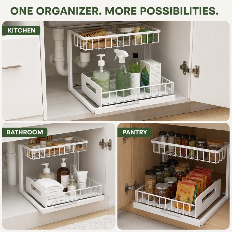 2-Tier Under Sink Organizer Pull-Out Sliding Drawer Rack, White