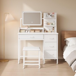 Makeup Vanity Desk with Mirror and Lights, Small Vanity with Fabric Storage Drawer & Chair & Shelves, White Compact Makeup Vanity Set for Bedroom