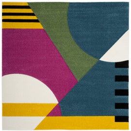 SAFAVIEH Hollywood Collection 5'3" Square Peacock Blue / Fuchsia HLW706C Mid-Century Modern Non-Shedding Living Room Bedroom Area Rug