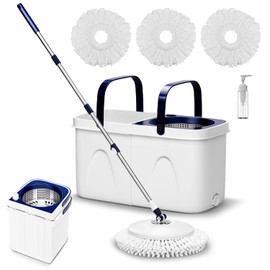 Spin Mop and Bucket with Wringer Set, Mop Bucket System Separate Clean and Dirty Water,180° Spinning 3 Microfiber Replacement Mop Pad Heads Refill,Stackable Bucket,Adjustable Handle for Floor Cleaning