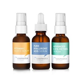 Cosmedica Skincare Facial Serum Trio Set Value for Clear Skin - Vitamin C Super Serum, 2.5% Retinol Serum, Pure Hyaluronic Acid Serum – Vegan, Cruelty-Free Skincare