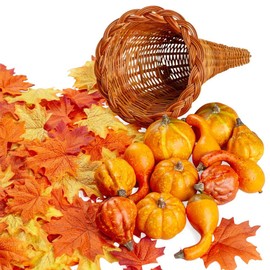 Factory Direct Craft Thanksgiving Cornucopia of Orange Artificial Pumpkins and Gourds with Leaves - Horn of Plenty for Fall Decorating and Displays