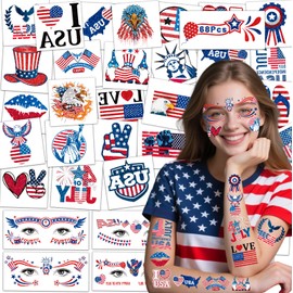 4th of July Temporary Tattoos Decorations, 68Pcs Individual Fourth of July Accessories Glitter Independence Day Decorations America USA Flag Patriotic Glow in the Dark Tattoos Stickers