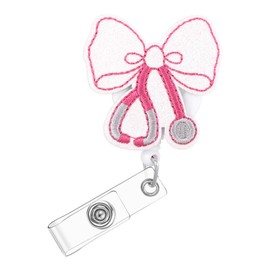 Pink Bow Stethoscope Nurse Badge Reel, Retractable Nurse Badge Holder Cute Glitter ID Name Reel Clip Nursing Badges Accessories for Women Nurses, Nursing Student, Doctor, Medical Worker, Teacher