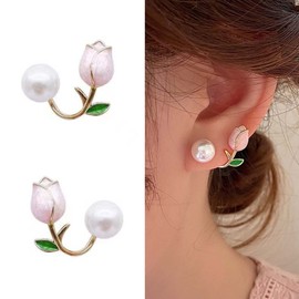 Yienate Boho Pearl Earring Cuff Wrap Earring Tulip Flower Ear Jacket Earring Statement Pearl Piercing Wrap Stud Earrings Gold Flora Front Back Climber Crawler Earrings Jewellery for Women, Pearl,