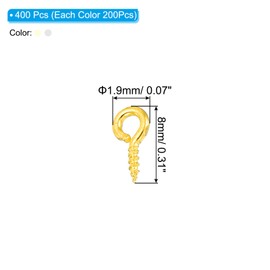 PATIKIL 4x8mm Screw Eye Pins Set, 200Pcs Metal Threaded Eye Pin Clasp Hooks Mini Hoop Peg for Jewelry Making Cork Top Bottles DIY Crafts, Gold, Silver