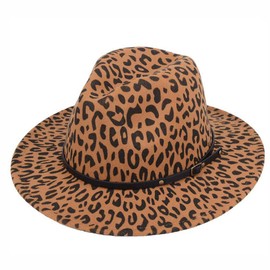 Upstore Women Leopard Print Wide Brim Fedora Hat with Belt Buckle Felt Panama Trilby Hat Church Derby Cap Jazz Hat
