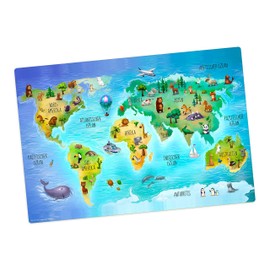 Tischset | Platzset abwaschbar – Weltkarte in deutsch mit vielen Tieren – 44 x 30 cm – aus hochwertigem Vinyl
