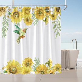 Sunflower Hummingbird Shower Curtain Yellow Floral Green Leaves Bird Spring Summer Garden Fabric Bathroom Decor Curtains with Hooks,70 x 70