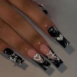 FIEONCIY Press on Nails Coffin Long Black Glossy Full Cover Acrylic Square French False Nails with Star Glitter Designs Artificial Ballerina Fake Nails with Charm Glue Stick on Fingernails for Women