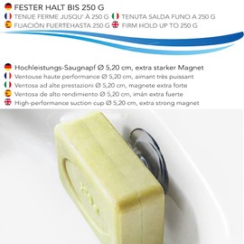 SAVONT Jumbo Magnet Soap Holder for Soaps up to 250 g, No Drilling, with Suction Cup, for Sink, Shower and Bathtub, Silver