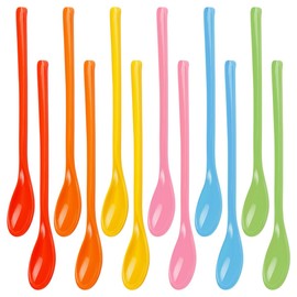 Pack of 12 Plastic Spoons, Long, 18.7 cm Plastic Spoons, 6 Colours, Long Rice Spoons, Dishwasher Safe, Egg Spoons, Plastic, Colourful, Plastic Spoon