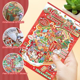 10 Sheets Christmas 3D Sticker Scene, Xmas Miniature Scene Sticker Book Waterproof Vinyl Decals with Tweezers for Holiday Journal, Gift Decor, Xmas Planner for Teens Adult-Christmas Book