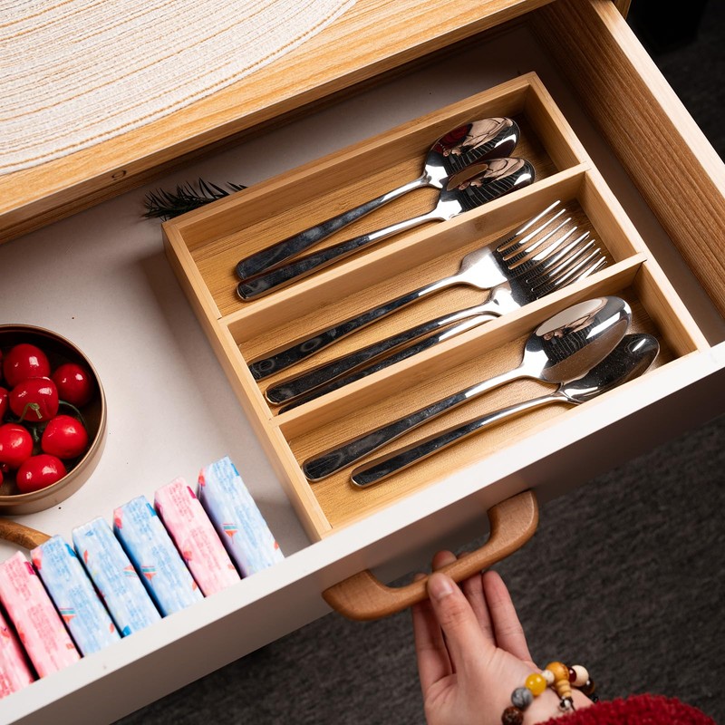 Fibogollo Silverware Organizer Bamboo Kitchen Drawer Organizer Kitchen Utensil Organizers,