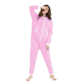 Kgromfy Adult Onesie Non-Footed Hooded Jumpsuit Family Couples Matching Pajamas Zipper Sleepwear One Piece Christmas Loungewear for Women Men Light Pink White Zipper-L