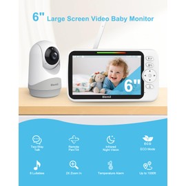 Blemil Upgrade Video Baby Monitor with Camera and Audio 6" Large Screen, 35-Hrs Battery, No WiFi Baby Monitor, Remote Pan/Tilt/Zoom Camera, 2-Way Talk, Night Vision, Temperature, 1000ft Range