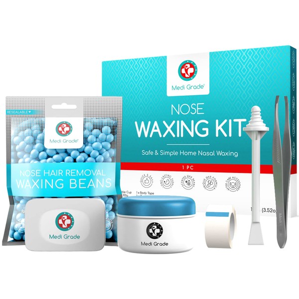Medi Grade Nose Waxing Kit for Men & Women With 50x Nose Wax Sticks. 100g Nose Hair Wax Kit Including Skin Tape, Tweezers, Towel, Microwavable Cup & Storage Bag - Easy & Safe Nose Hair Remover For Men