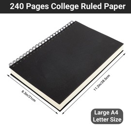 Yarotm Spiral A4 Notebook - 1 Piece Spiral Bound Lined Notebook 28.5x21cm - A4 Wirebound Notepad Ruled Paper 100GSM - 120 Sheets Spiral Binding Hardcover Stripped Journal Black Notebook Diary