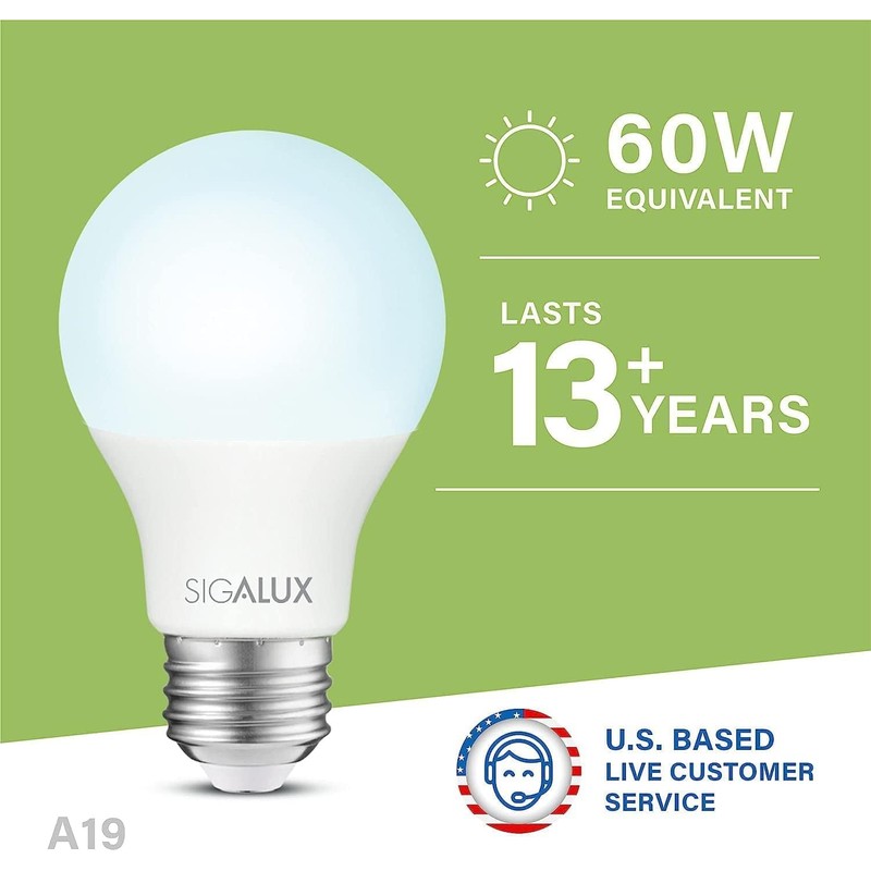 Sigalux A19 LED Light Bulb 60W Equivalent, E26 Medium Base