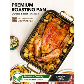 MICHELANGELO Roasting Pan with Rack, Carbon Steel Turkey Roasting Pan for Oven and Induction, Nonstick Turkey Roaster Pan with Stainless Steel Golden Rack & Golden Handle, 15 Inch x 11 Inch