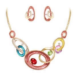 Ever Faith Fashion Jewelry Sets for Women Sparkly Enamel Oval Circles Rhinestone Pendant Collar Necklace Earrings Set Wedding Party Jewelry for Brides Red Gold-Tone