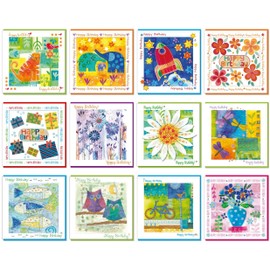 Pack of Birthday Cards for women and men, 14x14cm, 12 designs in this birthday cards multipack, each with a coloured envelope. Printed in the UK, by Just Cards Direct (GE1025)