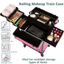 AROUS Rolling Makeup Train Case Cosmetic Travel Trolley 4 Tray with Sliding Rail Removable Middle Layer with Key Swivel Wheels Salon Barber Case Traveling Cart Trunk Rose, Red