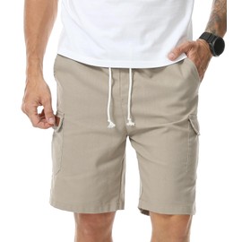 Suvifuly Mens Linen Shorts Casual Elastic Drawstring Lightweight Shorts Outdoor Running Beach Vacation Multi-Pockets Short
