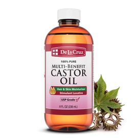 De La Cruz Castor Oil - 100% Pure Expeller Pressed Castor Oil for Nourishing Skin, Hair, Eyelashes, and Eyebrows - Natural Laxative USP Grade, 8 FL Oz
