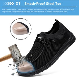 Tinefiy Steel Toe Shoes for Women Lightweight Comfortable Slip On Safety Work Sneakers Cushion Puncture Proof Shoes Indestructible Shoe, 01black, 6.5