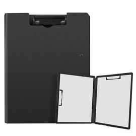 A4 Clipboard with Lid, A4 Writing Case with 2 Clips, Conference Folder Made of PU Leather, Document Folder for Office, Construction Site, School, Clipboard Folder, Black